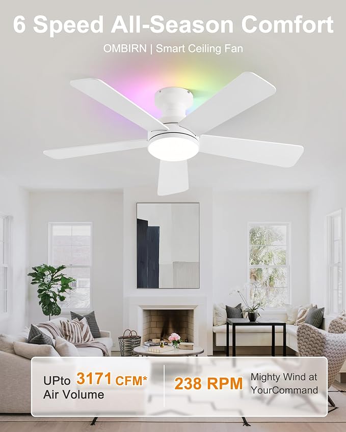 42 Inch Ceiling Fans with Lights, Smart Ceiling Fan with Alexa Google App, White Ceiling Fan with RGB Lights Remote, 6 Speeds Reversible DC Motor, Modern Flush Mount for Bedroom Living Room