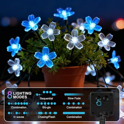 2 Pack Total 52FT 120 LED Solar String Lights Outdoor Waterproof Flower Fairy Lights for Garden Fence Patio Yard Christmas Tree Lawn Wedding Party Decor, Blue and Pure White