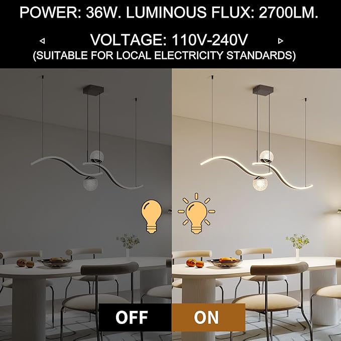 ORANOOR Modern LED Globe Pendant Light, 39in Dimmable Black Hanging Chandelier Light Fixture, 2-Wave Kitchen Pendant Lighting Over Island, Dining Room Lights Ceiling Hanging Over Table (2-Bulb)