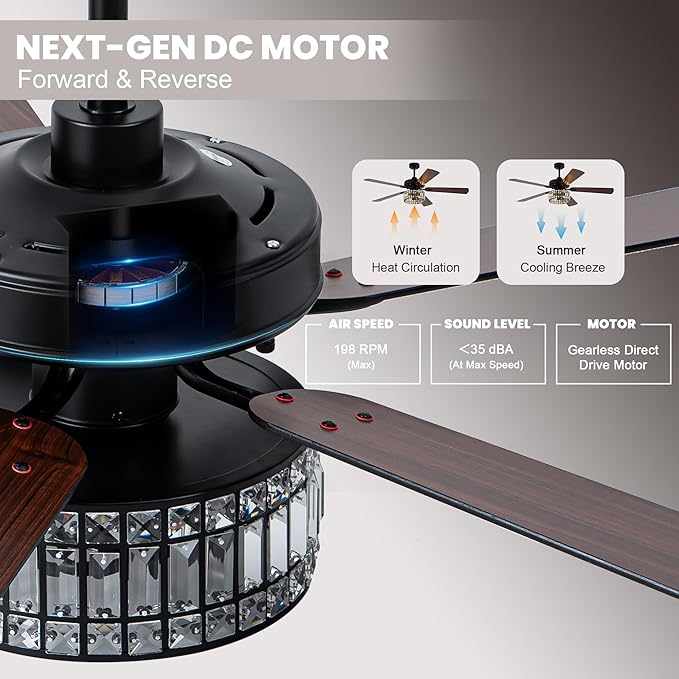 Dawn Whisper 60 Inch Crystal Chandelier Ceiling Fans with Lights Black Large Modern Ceiling Fans for Living Room Bedroom Quiet and Reversible DC Motor 6 Speeds Enegery Efficient