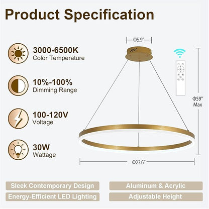 Modern LED Chandelier Gold High Ceiling Ring Chandeliers with Remote Control Circular Pendant Light Dimmable for Dining Room Living Room Bedroom Hallway Kitchen Island(3000K-6500K D23.6)