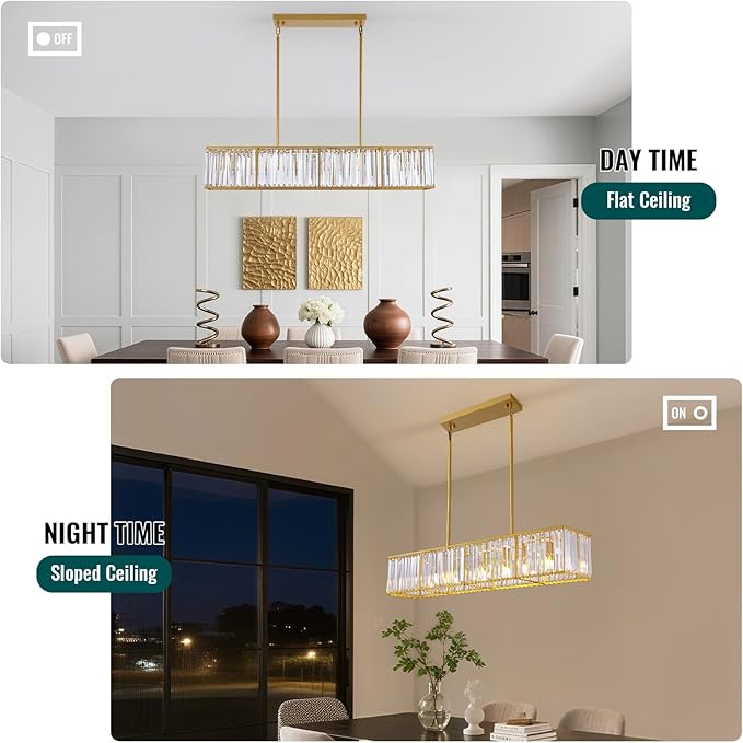 Siljoy Gold Crystal Chandelier for Dining Room, 7-Light Modern Rectangular K9 Crystal Raindrop Chandelier Pendant Ceiling Light Fixture for Living Room Kitchen Island, L47'' x W8.6'' x H8.6''