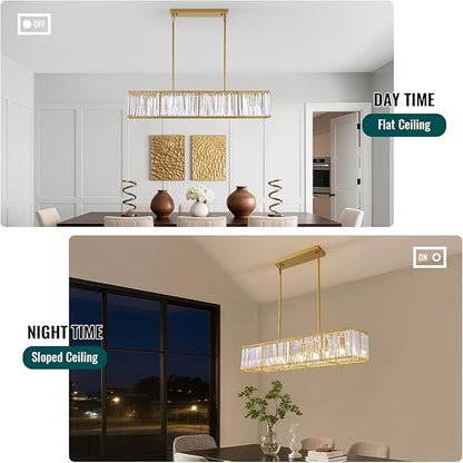 Siljoy Gold Crystal Chandelier for Dining Room, 7-Light Modern Rectangular K9 Crystal Raindrop Chandelier Pendant Ceiling Light Fixture for Living Room Kitchen Island, L47'' x W8.6'' x H8.6''