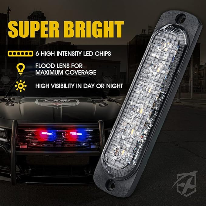 Xprite 8PCS LED Emergency Strobe Lights, Red Blue 12-LED Surface Mount Flashing Strobe Lights, Sync Feature Ultra Slim Grill Light for Volunteer Trucks ATV SUV Vehicles
