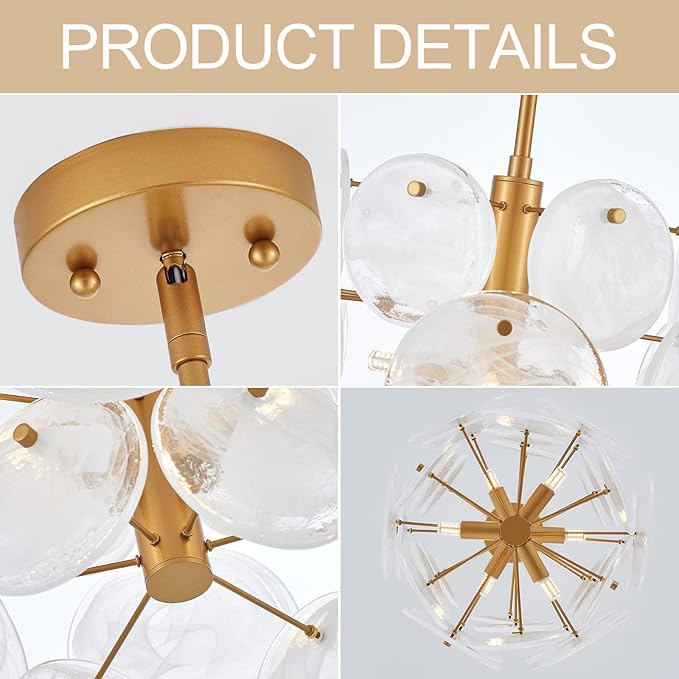 Modern Glass Chandelier for Dining Room, Gold Entryway Chandelier, 6-Light Unique Pendant Light Fixture for Bedroom Hallway Stairway Kitchen