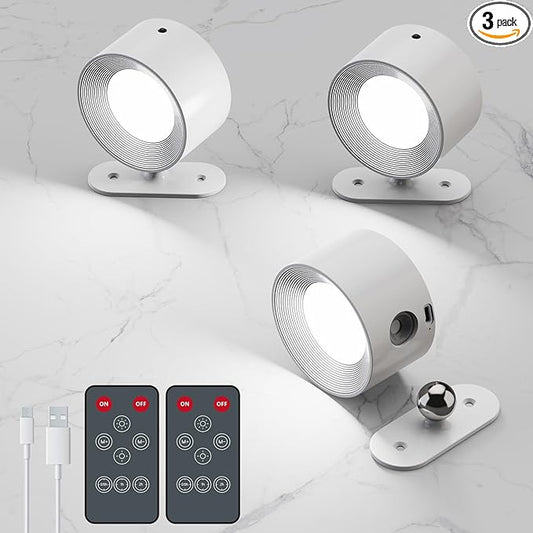 AKSDA 3Pack Battery Operated Wall Sconce, 3 Color Modes 3 Brightness Levels 360°Rotation Lighting Timer Touch & Remote Control, Wall Mounted Lamp LED Wall Lights for Bedroom Reading Bedside (White)