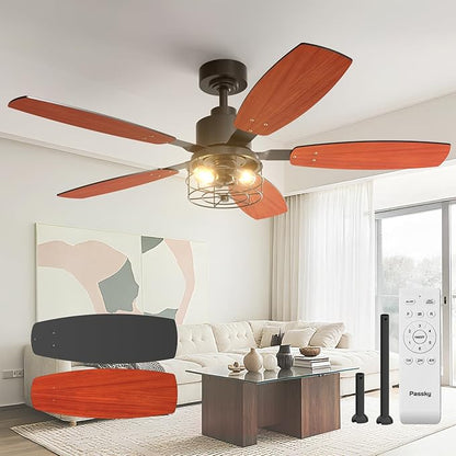 Passky Ceiling Fans with Lights, 52 inch Farmhouse Ceiling Fan with Light and Remote Control, 6 Speeds, Reversible, Noiseless, Dual Finish Blades, Black Caged Ceiling Fan for Bedroom, Living Room