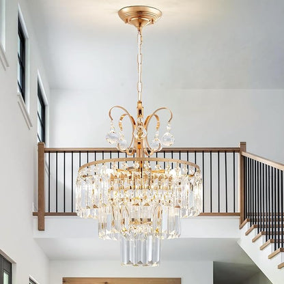 3-Light Gold Crystal Chandelier,Modern 3 Tier Semi Flush Mount Chandelier with G9 Base,Height Adjustable for Farmhouse Living Room Dining Room Bedroom Kitchen Corridors