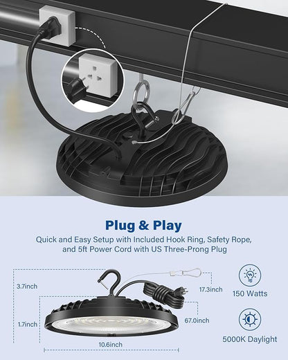 2 Pack 150W UFO LED High Bay Light, Adjustable Color Temperature 3500K/5000K/6500K, 21,000LM, 120VAC, LED Shop Lights, Plug & Play Lighting Fixture for Warehouses, Workshops, Garages, and Barns