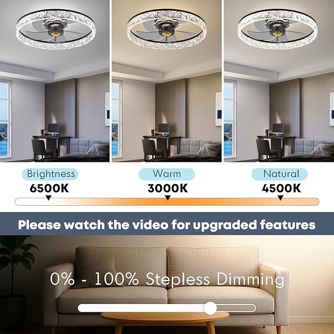 Fszdorj 20'' Ceiling Fan with Light, Upgraded Low Profile Fan, Flush Mount Ceiling Fan, 6 Speeds, Dimmable LED, App & Remote Control, Quiet DC Motor, for Bedroom, Living Room, F098 Black