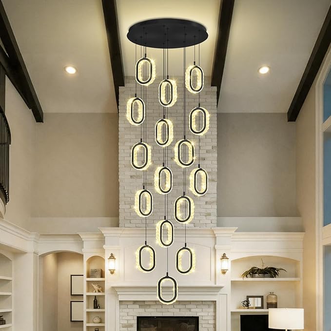 Modern Large Ring Chandelier for High Ceiling Black Stair Chandeliers for Foyer LED Crystal Ring Drop Chandelier Dimmable 2700K-6000K 16-Light