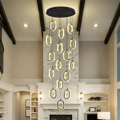 Modern Large Ring Chandelier for High Ceiling Black Stair Chandeliers for Foyer LED Crystal Ring Drop Chandelier Dimmable 2700K-6000K 16-Light