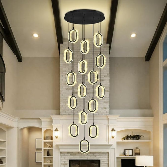 Modern Large Ring Chandelier for High Ceiling Black Stair Chandeliers for Foyer LED Crystal Ring Drop Chandelier Dimmable 2700K-6000K 16-Light