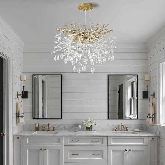 EGM Gold Tree Branch Crystal Chandelier 18-Inch, Crystal Chandelier for Dining Room 6-Light, Hanging Round Raindrop Chandeliers for Living Room E12