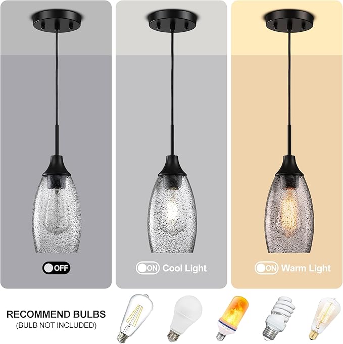Viinew Mini Glass Pendant Light,4.72" Black Glass Hanging Light 3-Pack Handblown Clear Black Seeded Shade Adjustable Cord Ceiling Light Fixture for Kitchen Island Sink
