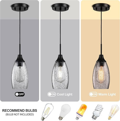 Viinew Mini Glass Pendant Light,4.72" Black Glass Hanging Light 3-Pack Handblown Clear Black Seeded Shade Adjustable Cord Ceiling Light Fixture for Kitchen Island Sink