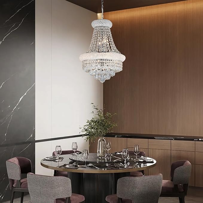 Crystal Chandeliers for Dining Room Light Fixtures Over Table, Empire Style K9 Crystal Chandelier for Living Room, 6 Lights Chrome Luxury Lighting Fixtures for Bedroom Kitchen Island Entryway D15 Inch