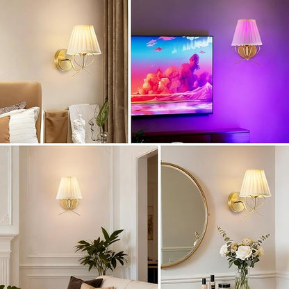 Cordless Battery Operated Wall Sconces Set of Two, Vintage Gold Sconces Wall Decor, Rechargeable Dimmable LED Lights with 15 Colors, Bow Wireless Wall Lamp for Bedroom Living Room Hallway