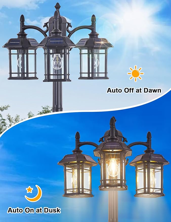 Solar Powered Outdoor Post Light 82.7" H 3-Headed Lamp Post with Dusk to Dawn Sensor Pole Street Lantern 3 Light Black Outdoor Lamp Post Lights E26 Outdoor Street Light for Pole Garden Yard