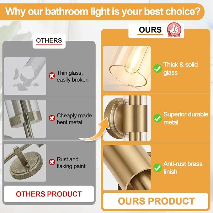 Wall Sconces Set of Two, Modern Bathroom Sconces Wall Lighting with & Clear Glass Glass, Brass Sconces Wall Decor Set of 2 for Bathroom Mirror Bedroom Living Room Hallway