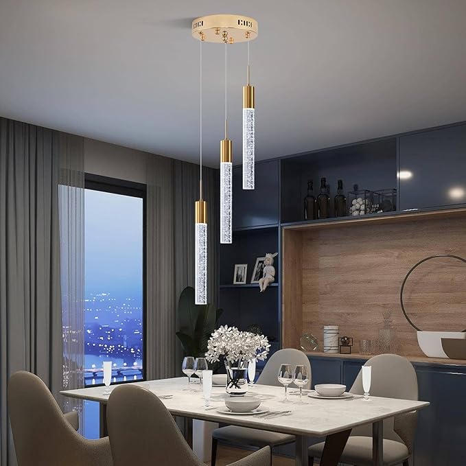 Modern Crystal Chandelier 3-Lights, Spiral LED Raindrop Kitchen Island Pendant Lighting, Bubble Foyer Dinimg Room Hanging Light Fixture Remote Control Gold