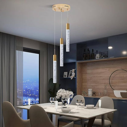 Modern Crystal Chandelier 3-Lights, Spiral LED Raindrop Kitchen Island Pendant Lighting, Bubble Foyer Dinimg Room Hanging Light Fixture Remote Control Gold