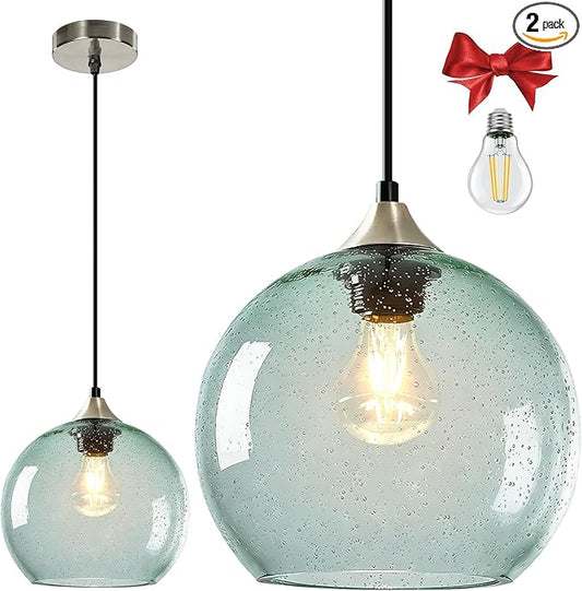 Large Light Green Glass Pendant Light for Kitchen Island, Includes 1 Bulb & 4.92FT Adjustable Cord, Modern Ceiling Pendant Lights for Kitchen, Dining Room, Living Room (9.1in)