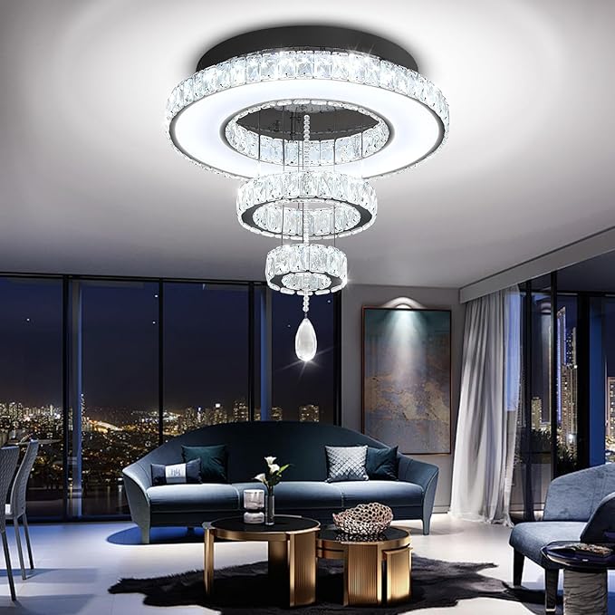 Flashing God Dia 24" Modern Chandelier for Living Room Black Crystal Ceiling Chandelier Flush Mount Ceiling Light for Dining Room Bedroom Hallway LED Light Fixture Dimmable with Remote