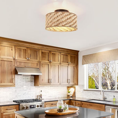 12.6-inch semi-Flush Mount Ceiling Light Fixture - 3-Light Pure Hand-Woven lamp for Dining Room