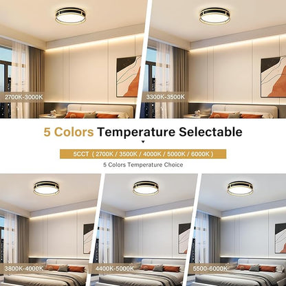 Pevfah Modern Flush Mount Ceiling Light, 5CCT 2700 K-6000 K Dimmable Black and Gold Ceiling Lighting Fixture, Minimalist Round LED Ceiling Lamp for Bedroom, Kitchen, Hallway, Laundry Room-12.6 Inch