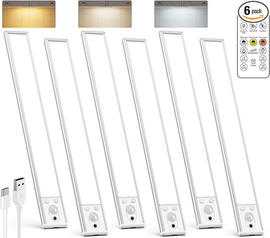 Under Cabinet Lighting Wireless, Rechargeable LED Motion Sensor Light Indoor, Closet Lights with Remote, Timer, 3 Color Temps & Dimmable Magnetic Under Counter Lights for Kitchen, Stairs, 6 Pack