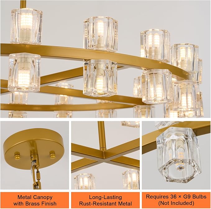 Modern 36 Inch Gold Crystal Wagon Wheel Chandelier, Large Round 36-Light Pendant Lighting Fixture, Adjustable Height for High Ceilings Living Room, Dining Room, Foyer, Entryways (gold-36in)