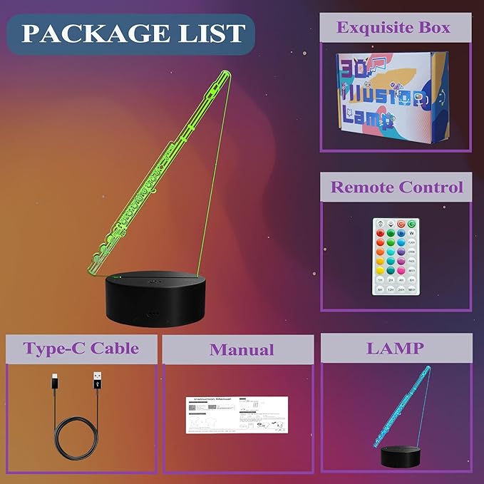 Flute Night Light, Flute Gifts, 3D Illusion Lamp with Remote Control, 16 RGB Colors, 4 Flashing Modes, Timer, Dimmable, Flute Instruments Accessories for Holiday Birthday Christmas