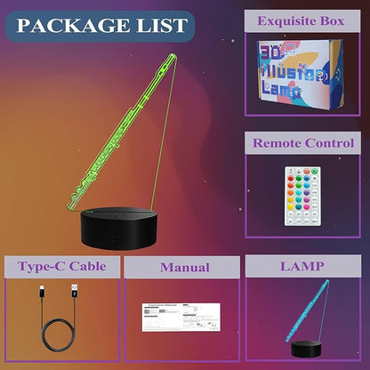 Flute Night Light, Flute Gifts, 3D Illusion Lamp with Remote Control, 16 RGB Colors, 4 Flashing Modes, Timer, Dimmable, Flute Instruments Accessories for Holiday Birthday Christmas