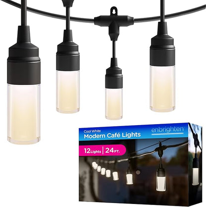 Enbrighten Modern Outdoor String Lights, 24ft, 12 Cylindrical Shatterproof Bulbs, Cool White 4000K, Weatherproof, Commercial Grade Patio Lighting, 87750