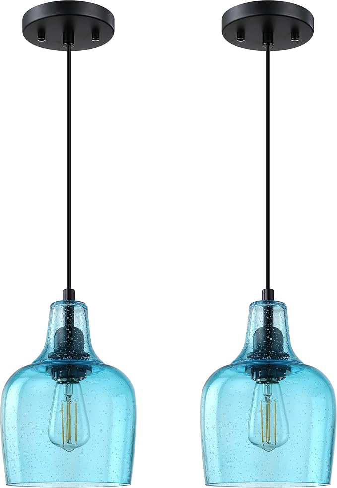 2 Pack 1 Light Indoor Hanging Kitchen Island Pendant Ceiling Light 6.1" Blue Glass Fixture,Black Finish for Farmhouse Over Sink Bedroom Hallway