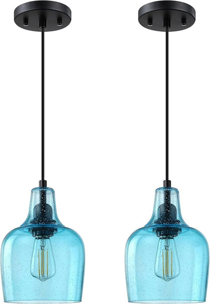 2 Pack 1 Light Indoor Hanging Kitchen Island Pendant Ceiling Light 6.1" Blue Glass Fixture,Black Finish for Farmhouse Over Sink Bedroom Hallway