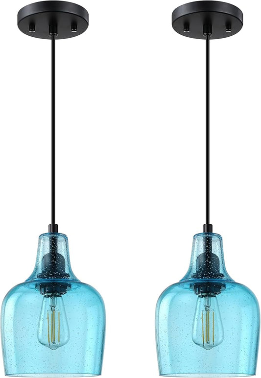 2 Pack 1 Light Indoor Hanging Kitchen Island Pendant Ceiling Light 6.1" Blue Glass Fixture,Black Finish for Farmhouse Over Sink Bedroom Hallway