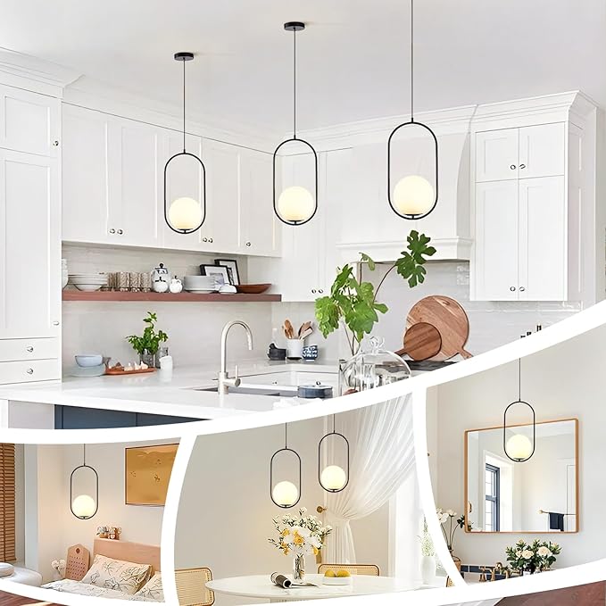 Modern Black Pendant Light, Bedside Matte Pendant Lights with White Glass Shade, Large Globe Ceiling Light for Kitchen Island Bedroom