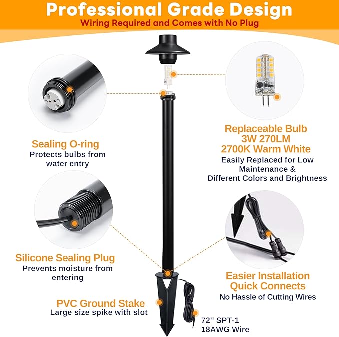 Gardenreet Brass Black Pathway Lights, 12V Low Voltage Landscape Path Light IP65 Waterproof, Wired Walkway Lighting Outdoor, LED Black for Lawn Backyard Garden with 2700K Warm White G4 Bulb (6 Pack)