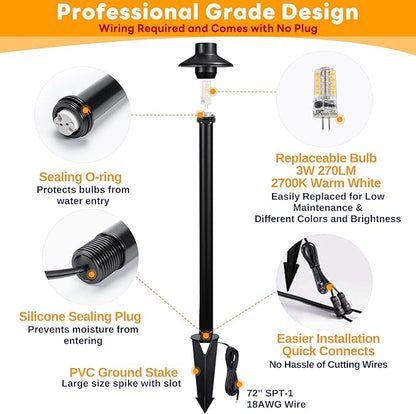 Gardenreet Outdoor Brass Pathway Lights, Low Voltage Landscape Path Light Wired, 12V Walkway Lighting LED IP65 Waterproof, Hat Black for Outside Garden Yard with 2700K Warm White G4 Bulb (4 Pack)