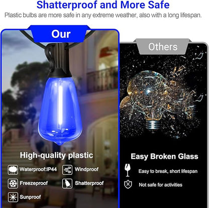 LAMPHOME 2-Pack 26Ft ST38 Outdoor String Lights, Blue LED Shatterproof Patio Lights with 12+1 Edison Bulbs, Perfect for Hanukkah, Bistro, Christmas & Party Decorations