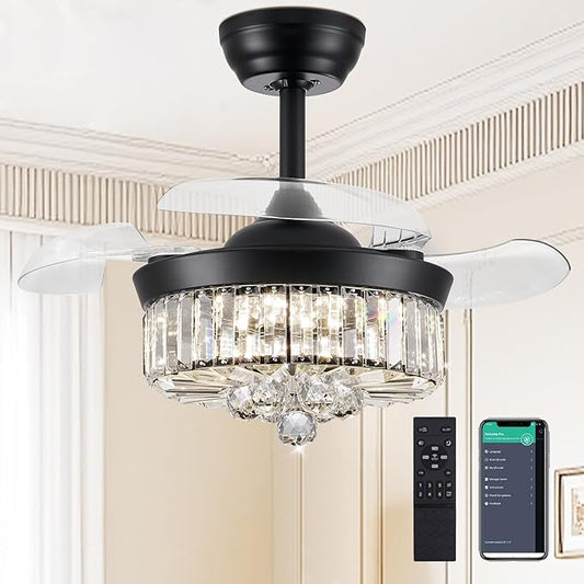 DuMaiWay 30" Chandelier Ceiling Fan with Light Crystal Fandelier Modern Reversible Ceiling Fan Dimmable Retractable Timer Remote APP Control for Dining Living Room Bedroom Black