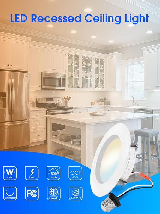 Energetic 4 Inch 5CCT Recessed Lighting, LED Can Lights for Ceiling, Dimmable Downlight, 5.4W, Equivalent 45W, 2700K/3000K/4000K/5000K/6500K Selectable, Damp Rated, Baffle Trim, ETL, 12 Pack