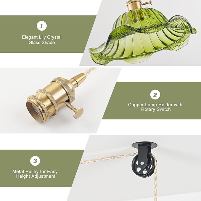 Plug in Pendant Light Vintage 2 Pack, Adjustable Pulley Hanging Lamp with Green Lily Glass Shade, Brass Hanging Lights with Plug in Cord for Kitchen, Compatible with Indoor Plant Grow Light Bulbs