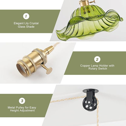 Plug in Pendant Light Vintage 2 Pack, Adjustable Pulley Hanging Lamp with Green Lily Glass Shade, Brass Hanging Lights with Plug in Cord for Kitchen, Compatible with Indoor Plant Grow Light Bulbs