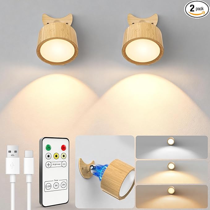 LED Wall Sconces, 160H Battery Life, Rechargeable Cordless Mounted Lights, 3 Color & 4 Brightness Level & 360°Rotate Magnetic Ball & Touch or Remote, for Reading Bedroom (Wood)