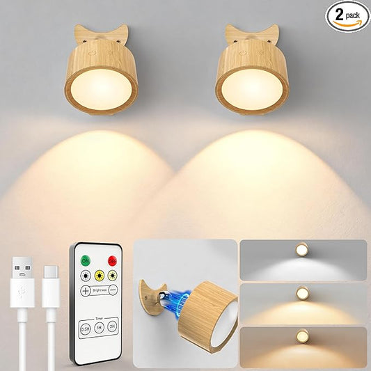 LED Wall Sconces, 160H Battery Life, Rechargeable Cordless Mounted Lights, 3 Color & 4 Brightness Level & 360°Rotate Magnetic Ball & Touch or Remote, for Reading Bedroom (Wood)