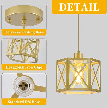XSDeTu 2 Pack Gold Pendant Lights, Modern Farmhouse Hanging Light Fixture with Hexagonal Cage, Vintage Brass Metal Ceiling Lights, Adjustable Lantern Pendant Lighting for Kitchen Island Sink Hallway