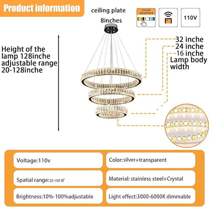 3 Rings Crystal Chandeliers 32"+24"+16" Crystal Ceiling Light Fixture Pendant Lighting Hanging Lamp for Living Room LED Dimmable 3000-6000K
